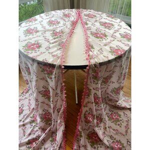Vintage 70s pleated curtain with pompons, pink roses floral double panels
